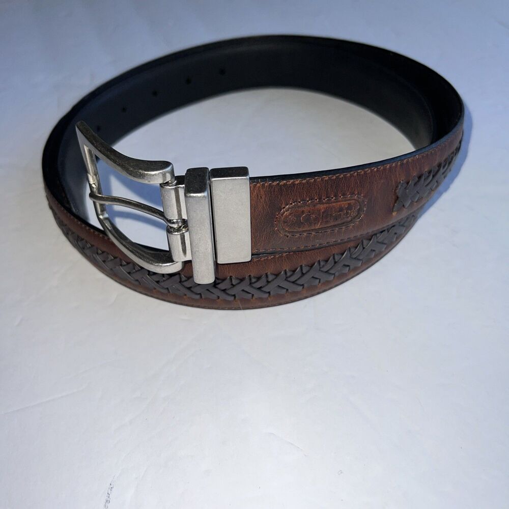 Columbia Brown Black Reversable Leather Belt Sz 42 Western Buckle Two Tone Braid